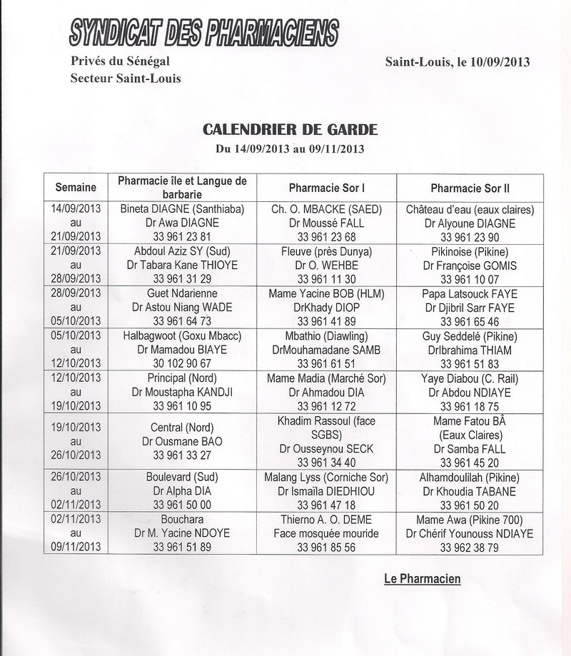 Calendrier des pharmacies de Garde de Saint-Louis