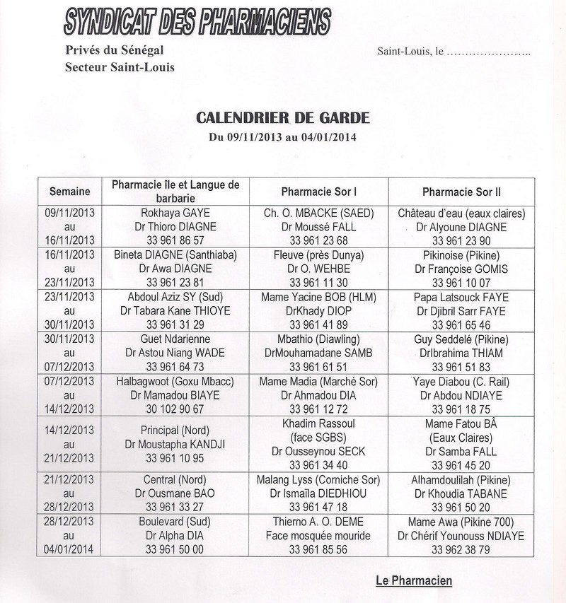 Calendrier des pharmacies de Garde de Saint-Louis