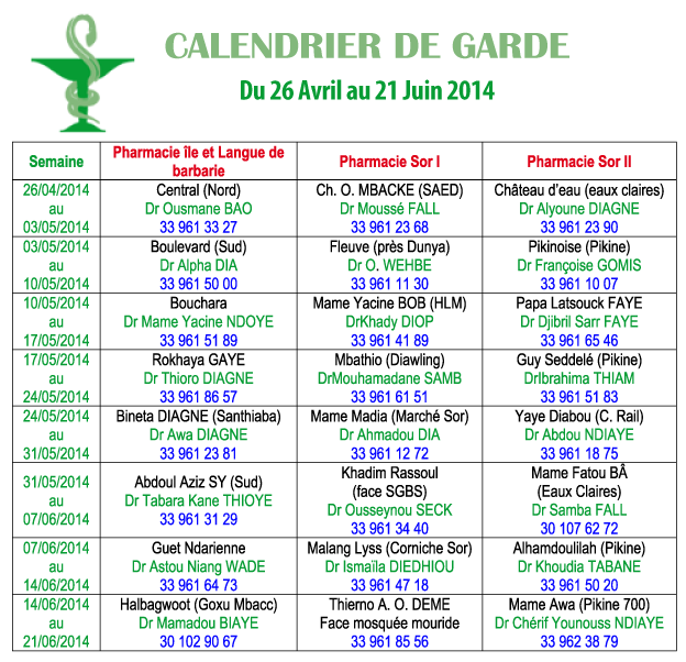 Calendrier des Pharmacies de Garde de Saint-Louis, jusqu'au 21 Juin 2014