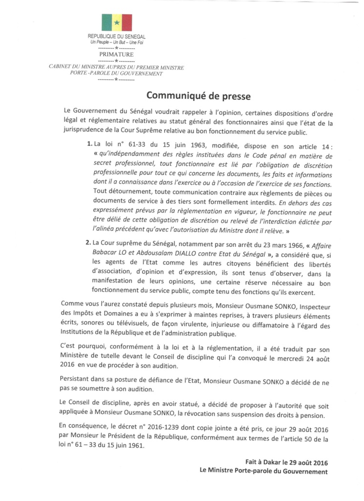 Dernière minute: Contre Ousmane SONKO, Macky SALL ordonne une lourde sanction (documents) Dernière minute: Contre Ousmane SONKO, Macky SALL ordonne une lourde sanction (documents)