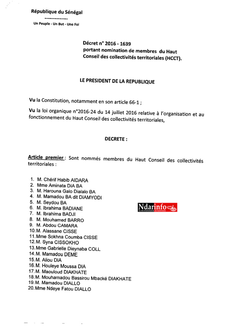 HCCT: la liste des membres nommés par le Président Macky SALL HCCT: la liste des membres nommés par le Président Macky SALL