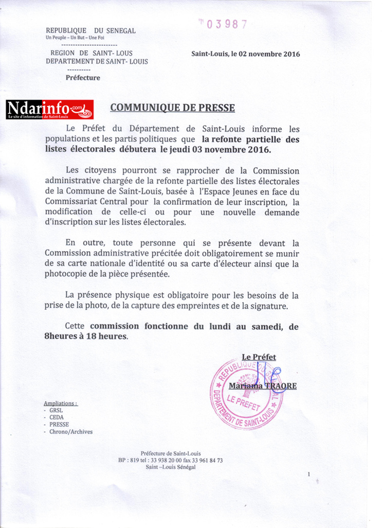 Saint-Louis - Inscription sur les listes électorales : 100 personnes enregistrées au démarrage et « quelques soucis techniques ».