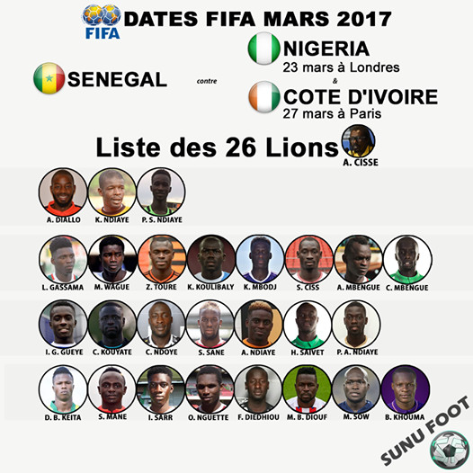 Voici la liste des 26 Lions pour affronter le Nigeria et la Côte d'Ivoire Voici la liste des 26 Lions pour affronter le Nigeria et la Côte d'Ivoire