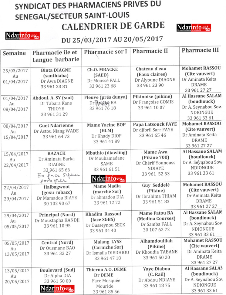 Le calendrier des pharmacies de garde de Saint-Louis, du 25 mars au 20 mai 2017 Le calendrier des pharmacies de garde de Saint-Louis, du 25 mars au 20 mai 2017