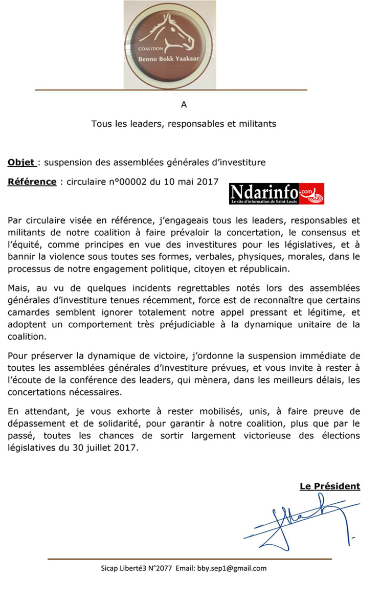 BBY : Macky bloque " toutes les AG d'investiture " ( Document )