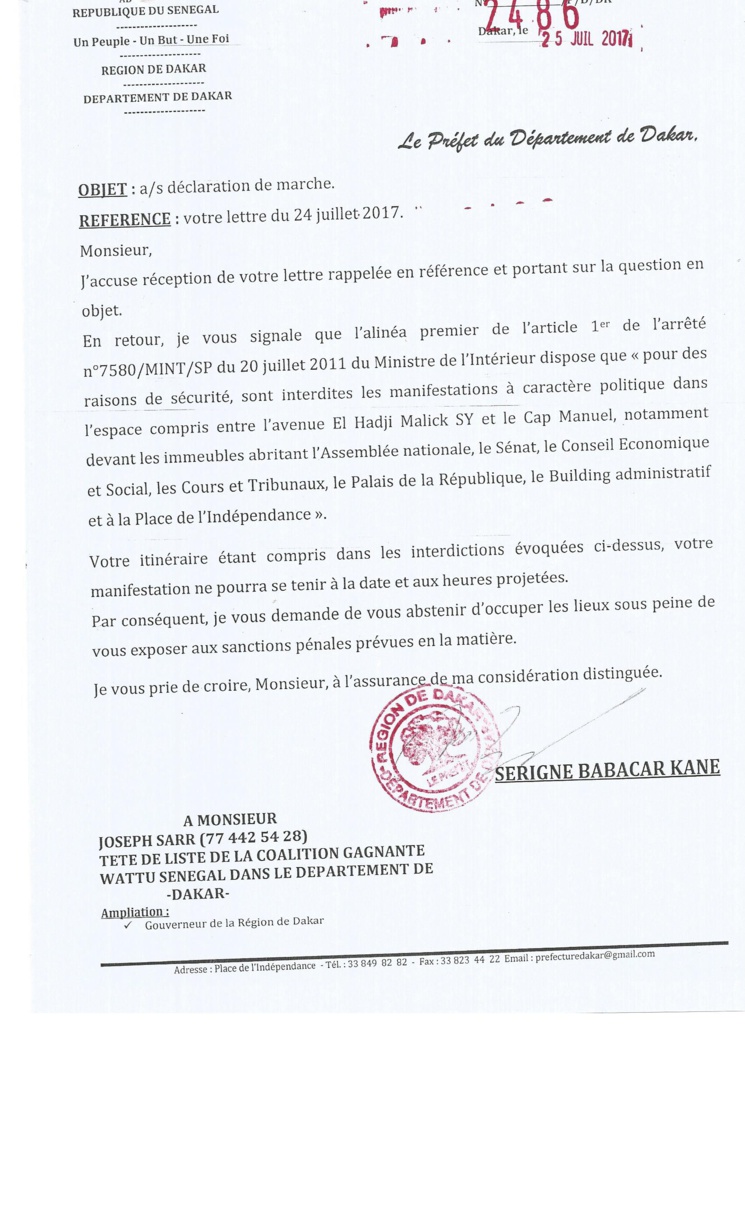 Le Préfet de Dakar interdit la marche de Me Abdoulaye Wade (document)