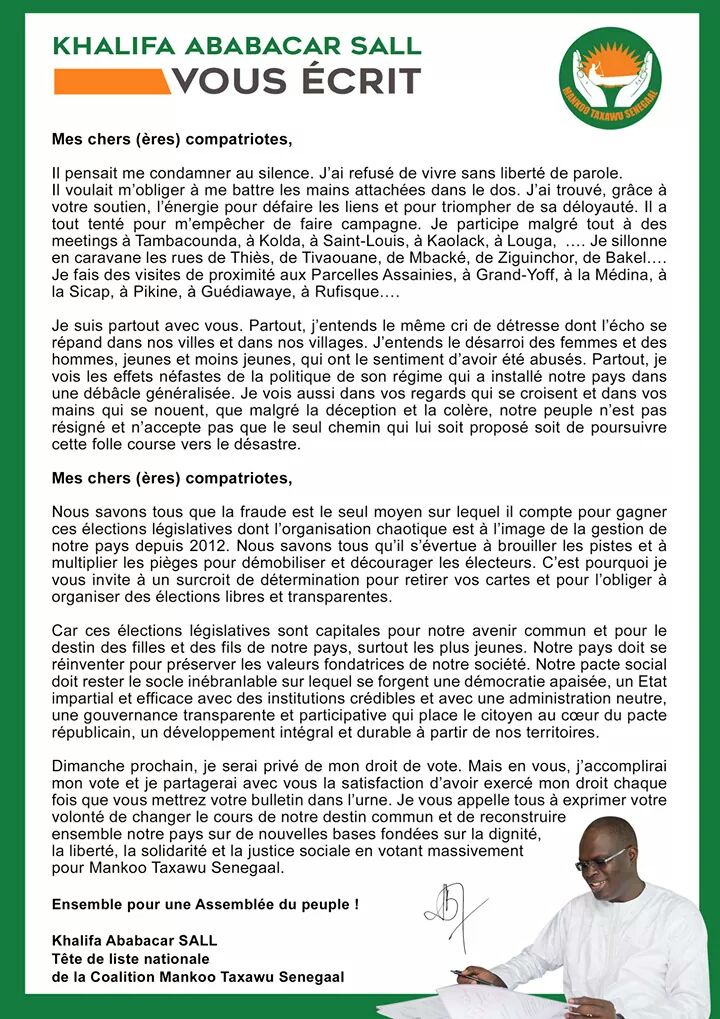 Législatives : La dernière lettre de Khalifa Sall avant le vote de dimanche prochain Législatives : La dernière lettre de Khalifa Sall avant le vote de dimanche prochain