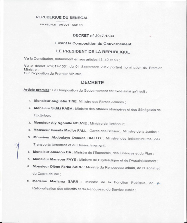 EXCLUSIF – La composition du nouveau Gouvernement