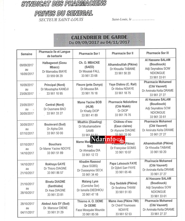 Saint-Louis : le calendrier des Pharmacies de Garde, du 09 septembre au 04 novembre Saint-Louis : le calendrier des Pharmacies de Garde, du 09 septembre au 04 novembre
