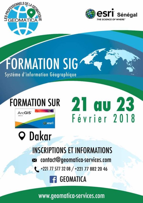 SIG : Géomatica et Esri Sénégal organisent une formation à Dakar du 21 au 23 février 2018 SIG : Géomatica et Esri Sénégal organisent une formation à Dakar du 21 au 23 février 2018