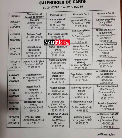 Calendrier des pharmacies de garde de Saint-Louis, du 24 février au 04 avril 2018 Calendrier des pharmacies de garde de Saint-Louis, du 24 février au 04 avril 2018