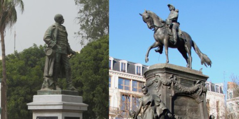 À gauche, la statue du général Louis Faidherbe à Saint-Louis, au Sénégal et à droite sa statue à Lille, en France. © Wikimedia Commons