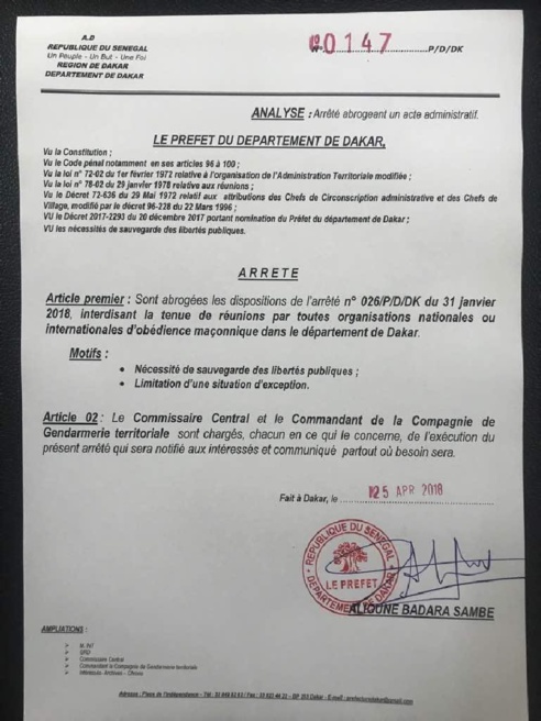 Le Préfet de Dakar autorise les réunions des associations maçonniques. JAMRA s’insurge. Le Préfet de Dakar autorise les réunions des associations maçonniques. JAMRA s’insurge.