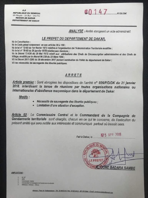 Le Préfet de Dakar autorise les réunions des associations maçonniques. JAMRA s’insurge.