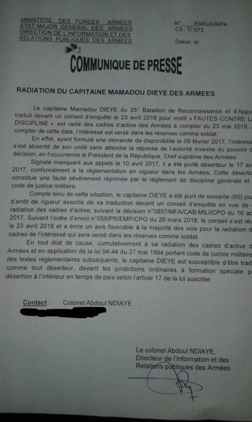 Le capitaine Dièye libéré et radié de l'Armée