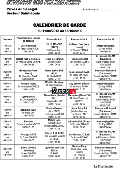 Les pharmacies de garde de Saint-Louis, du 16 juin au 15 décembre 2018 Les pharmacies de garde de Saint-Louis, du 16 juin au 15 décembre 2018