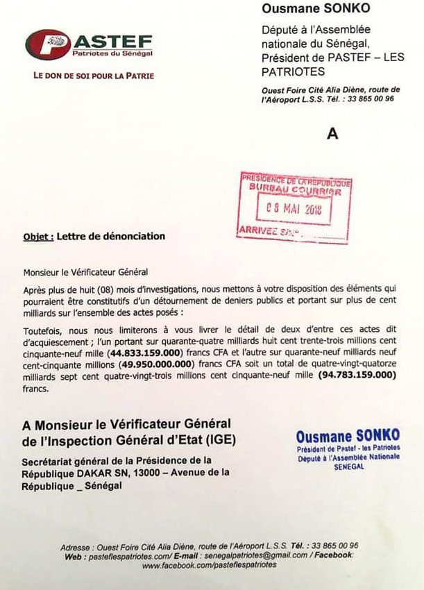 Détournements de 94 milliards de FCFA sur une affaire foncière : Sonko avait bel et bien saisi l’Ige et le procureur ( Documents) 