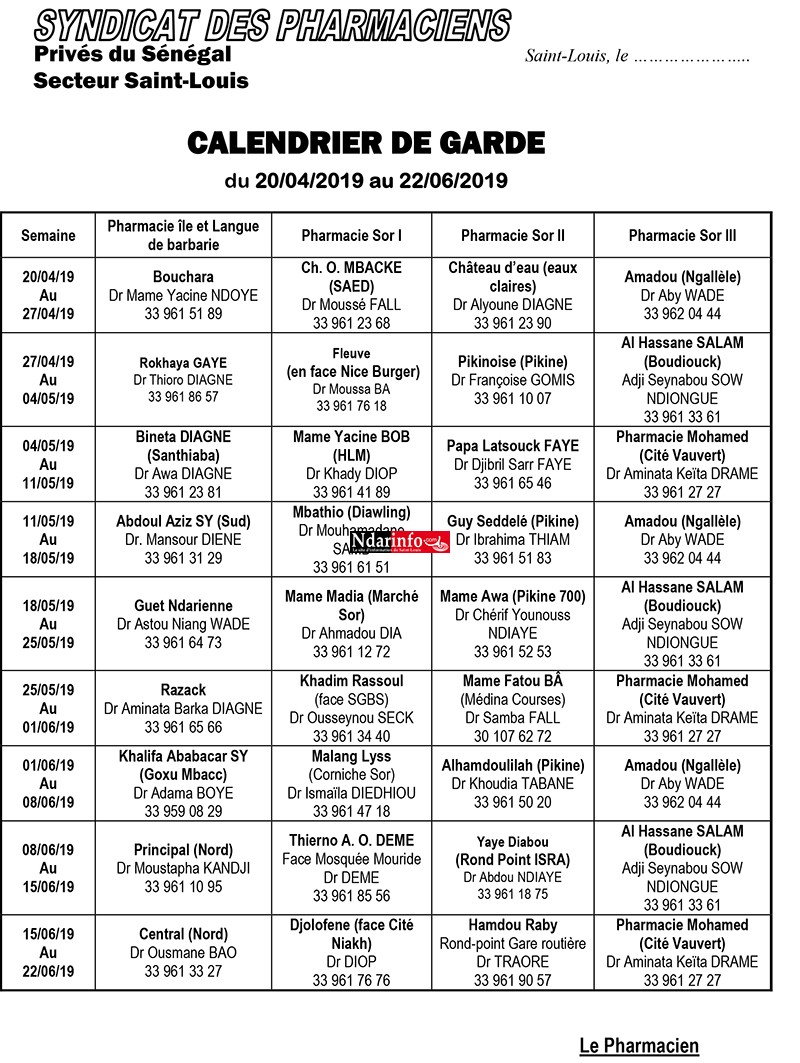 Le calendrier des pharmacies de Garde de Saint-Louis ( de Janvier à Juin 2019)
