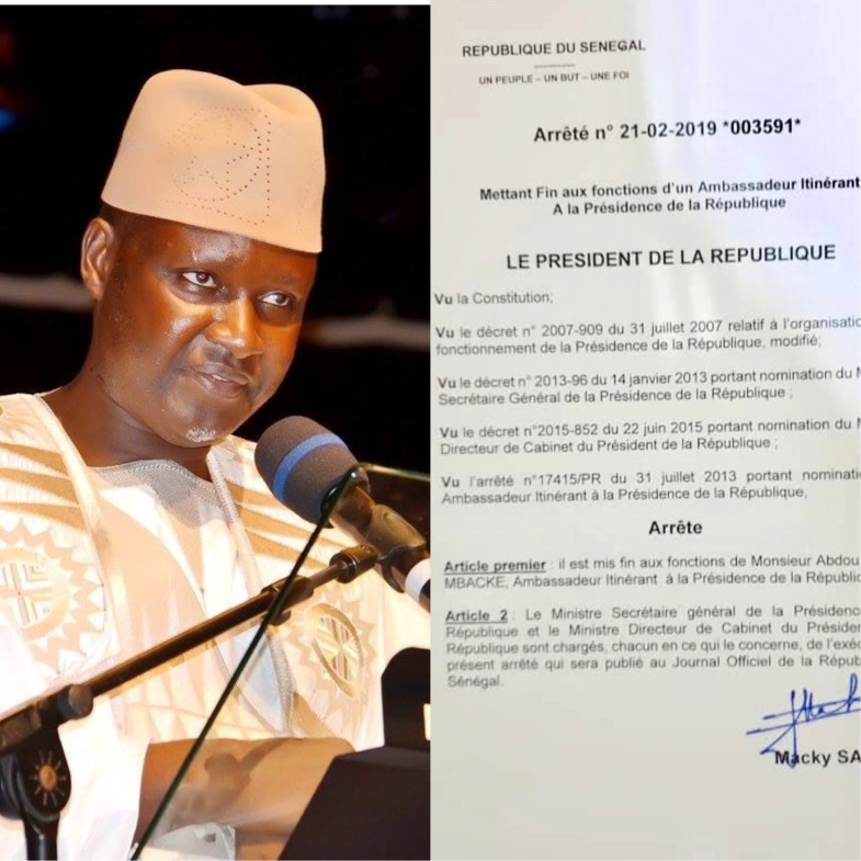 CONSÉQUENCE DE SON SOUTIEN À IDY / Serigne Abdou Samath Mbacké limogé de ses fonctions d'Ambassadeur itinérant par le Président Macky Sall CONSÉQUENCE DE SON SOUTIEN À IDY / Serigne Abdou Samath Mbacké limogé de ses fonctions d'Ambassadeur itinérant par le Président Macky Sall
