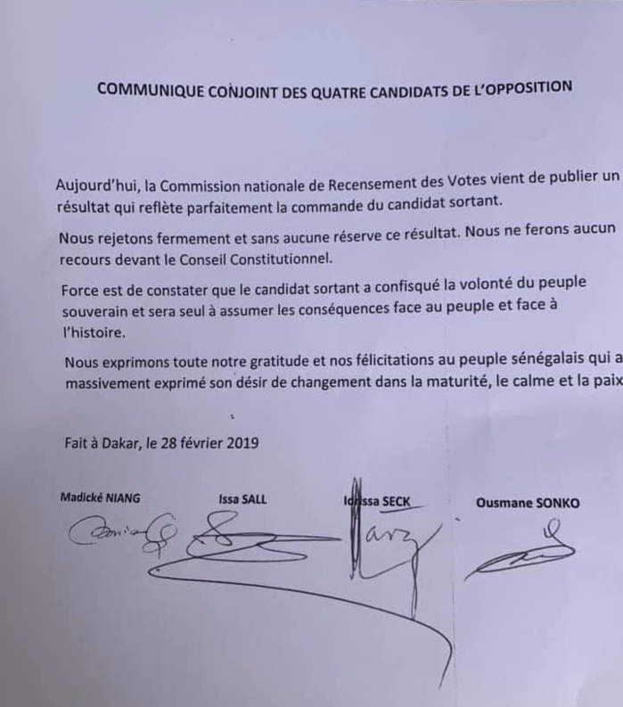 Les quatre candidats rejettent la réélection de Macky SALL ( communiqué)