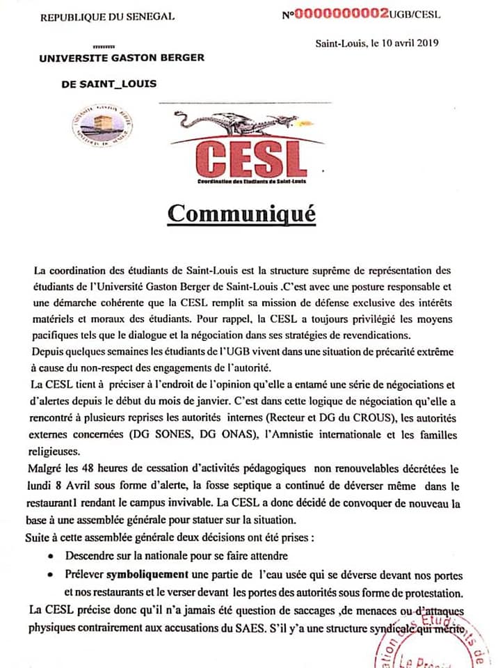 UGB : la CESL explique pourquoi elle a versé de l'eau usée dans le bureau du Recteur