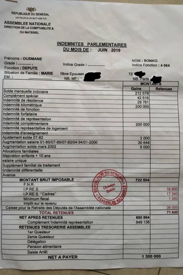 Faible paiement d'impôts des députés : SONKO persiste et dévoile son bulletin de salaire (document) Faible paiement d'impôts des députés : SONKO persiste et dévoile son bulletin de salaire (document)