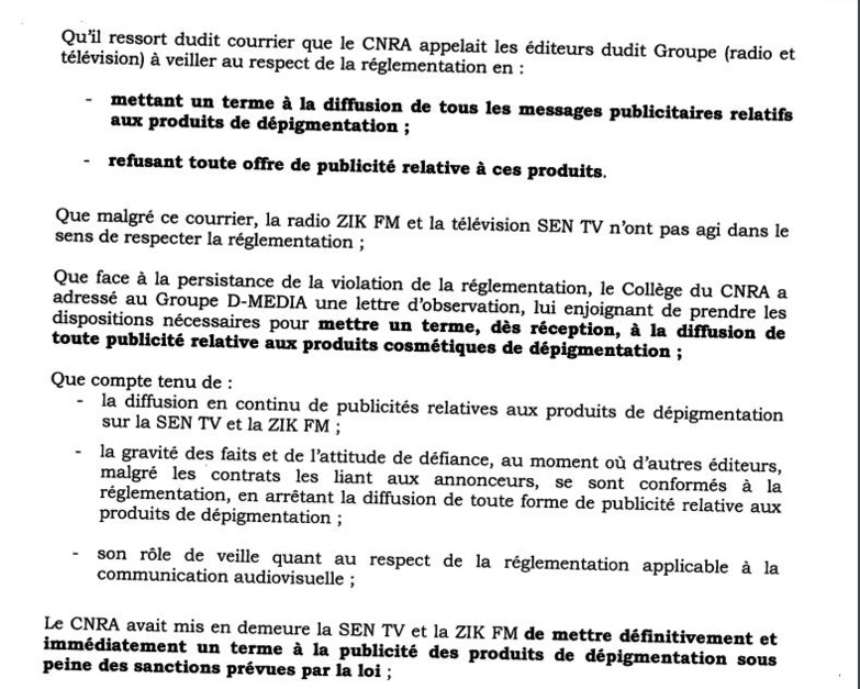 Urgent - Le CNRA suspend les programmes de la Sen TV [Document]