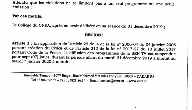Urgent - Le CNRA suspend les programmes de la Sen TV [Document]