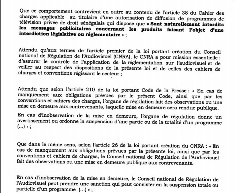 Urgent - Le CNRA suspend les programmes de la Sen TV [Document]