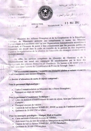 Mauritanie : La carte de séjour exigée à tous les étrangers, adultes et enfants. Mauritanie : La carte de séjour exigée à tous les étrangers, adultes et enfants.