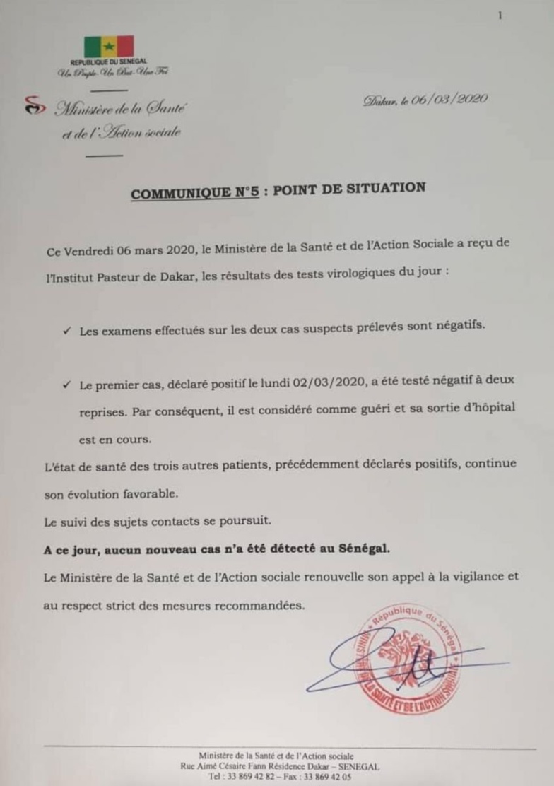 Coronavirus au Sénégal : guérision du "cas zéro" Coronavirus au Sénégal : guérision du "cas zéro"