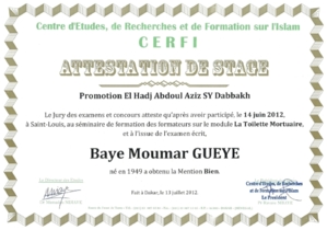 Session de formation sur la pratique de la toilette mortuaire El Hadj Baye Moumar Guèye obtient le diplôme avec la mention « Bien »