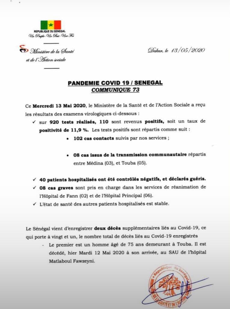 Covid-19 au Sénégal : 2 nouveaux décès, 110 tests positifs et 8 cas graves