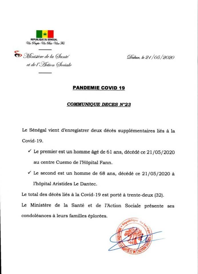 Covid-19 : encore 2 nouveaux décès au Sénégal Covid-19 : encore 2 nouveaux décès au Sénégal
