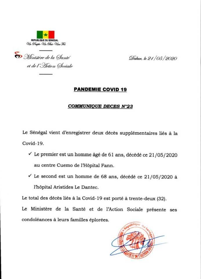 Covid-19 : encore 2 nouveaux décès au Sénégal