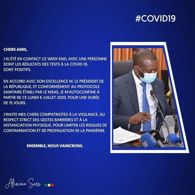Covid-19 : Le ministre Alioune Sarr mis en isolement Covid-19 : Le ministre Alioune Sarr mis en isolement