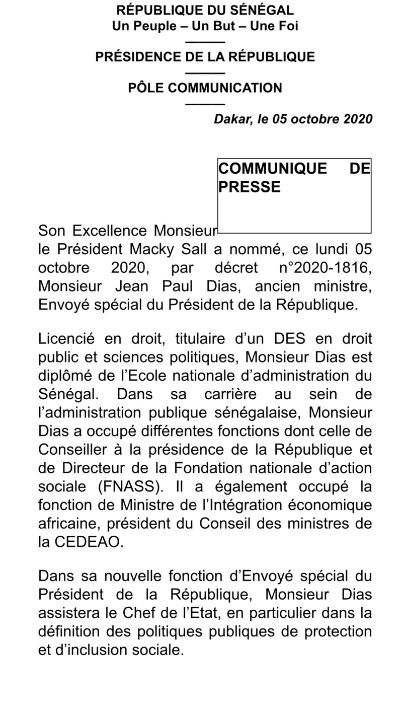 Jean-Paul Dias casé : Macky le nomme Envoyé spécial