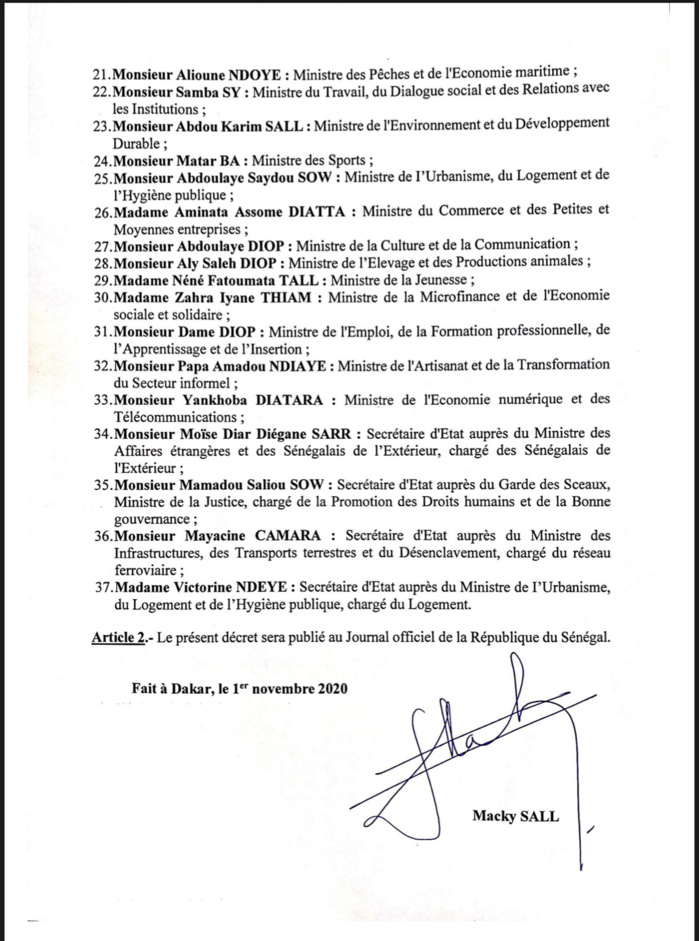 Sénégal : La liste complète du nouveau gouvernement