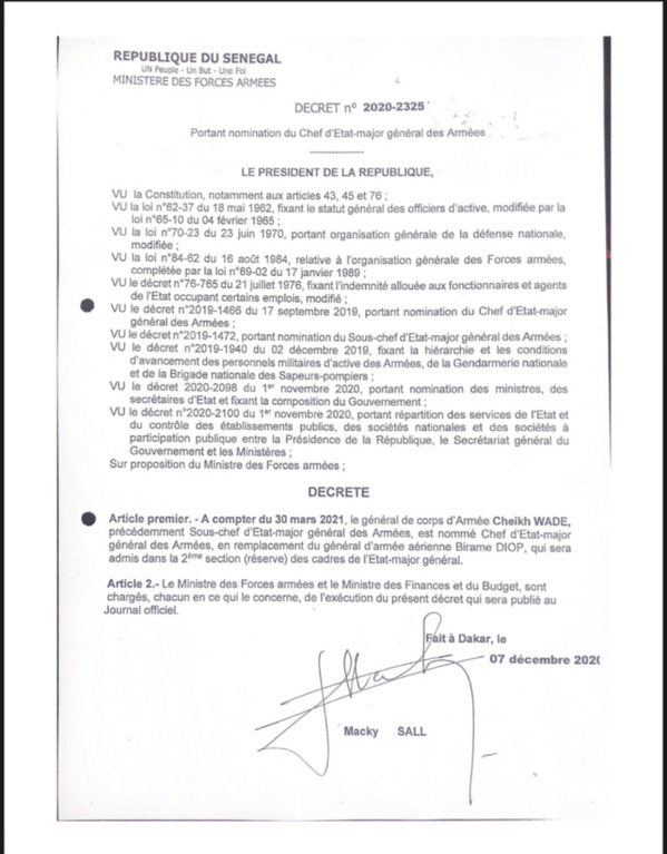 Le Général Cheikh Wade nommé Chef d’état major général des Armées (DÉCRET)