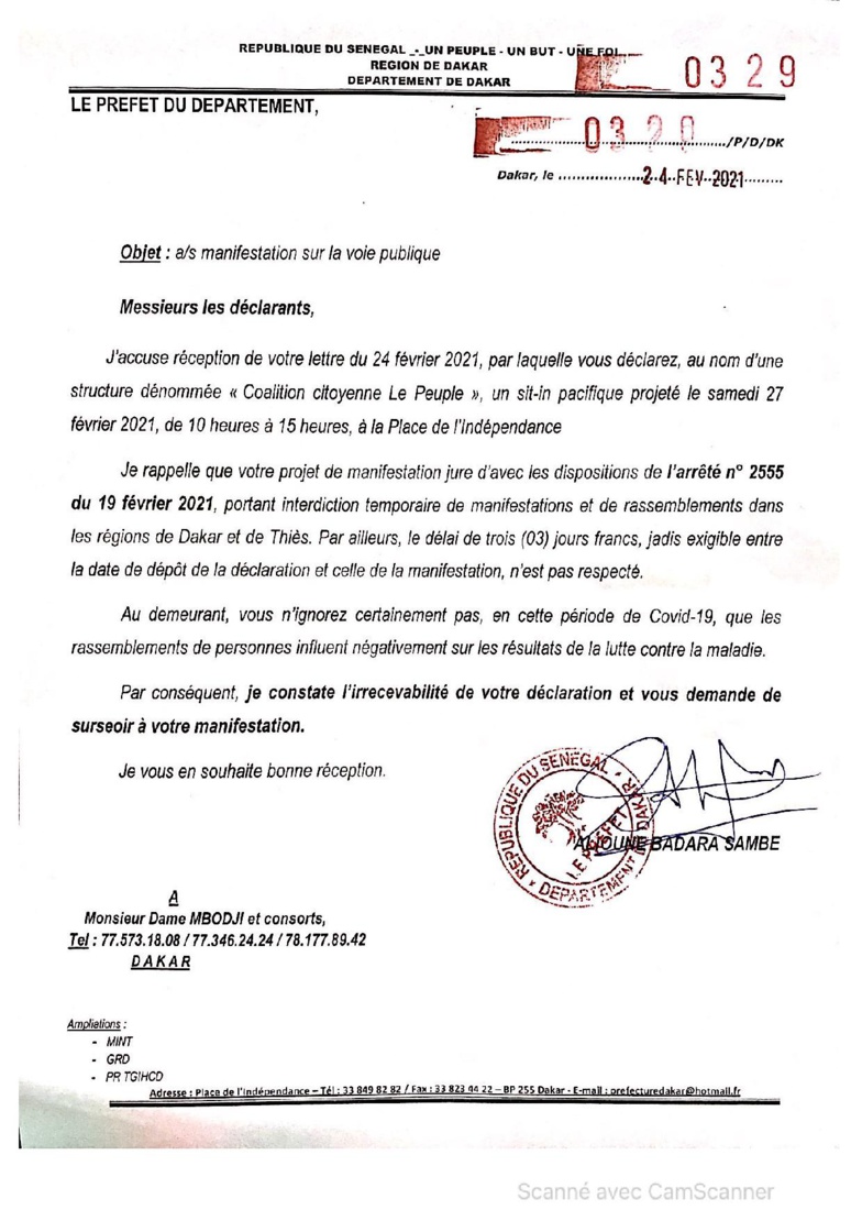 Dakar : Le Préfet interdit aussi la marche de Dame Mbodj et consorts
