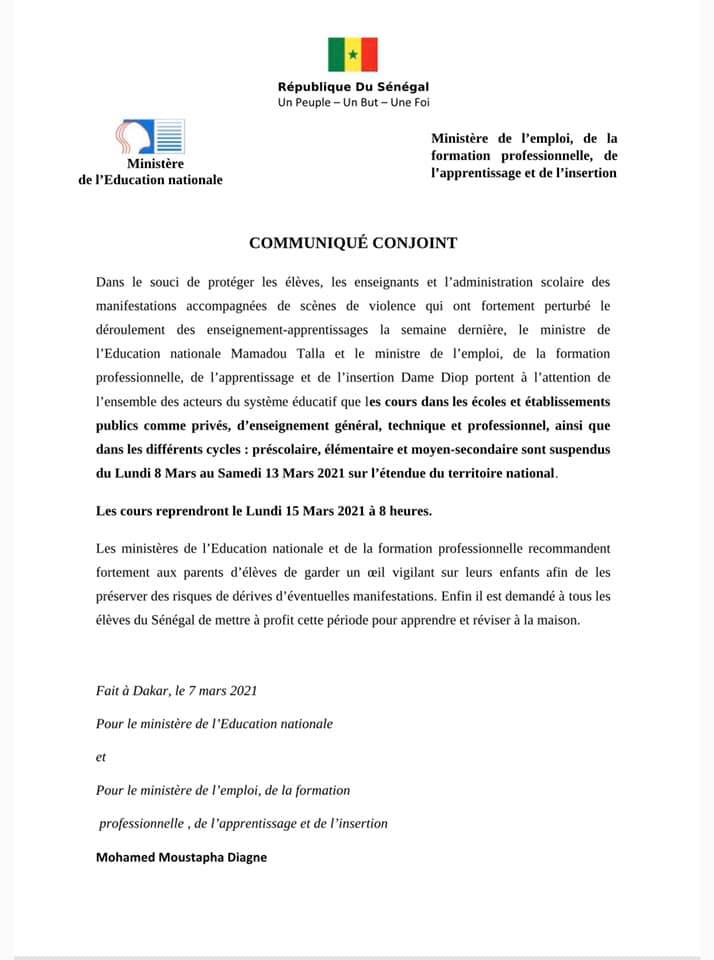 Urgent - Suspension des cours jusqu’au 15 mars 2021 (communiqué)