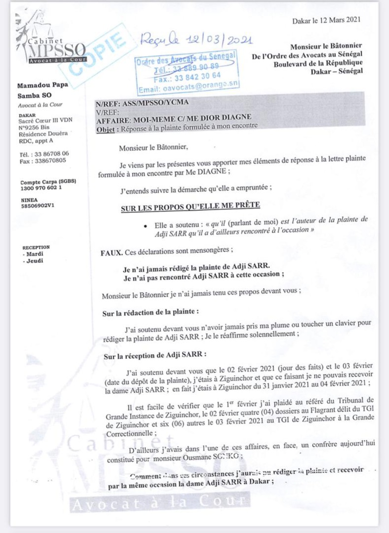 "Je n’ai jamais rédigé la plainte de Adji SARR (...) J’entends poursuive Me Dior DIAGNE "