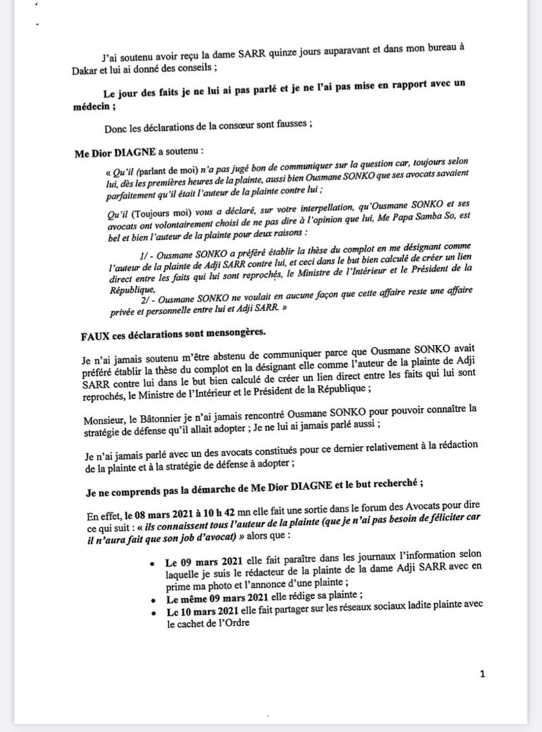"Je n’ai jamais rédigé la plainte de Adji SARR (...) J’entends poursuive Me Dior DIAGNE "