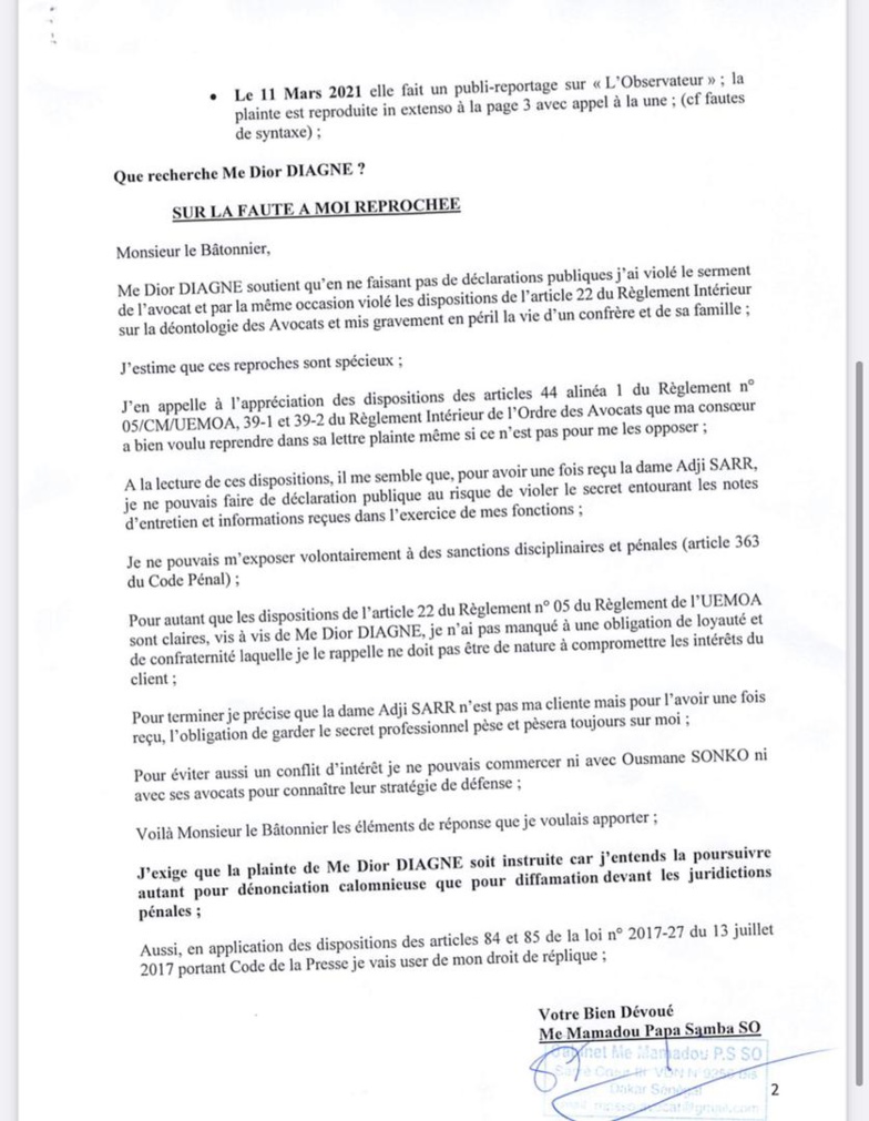"Je n’ai jamais rédigé la plainte de Adji SARR (...) J’entends poursuive Me Dior DIAGNE " "Je n’ai jamais rédigé la plainte de Adji SARR (...) J’entends poursuive Me Dior DIAGNE "
