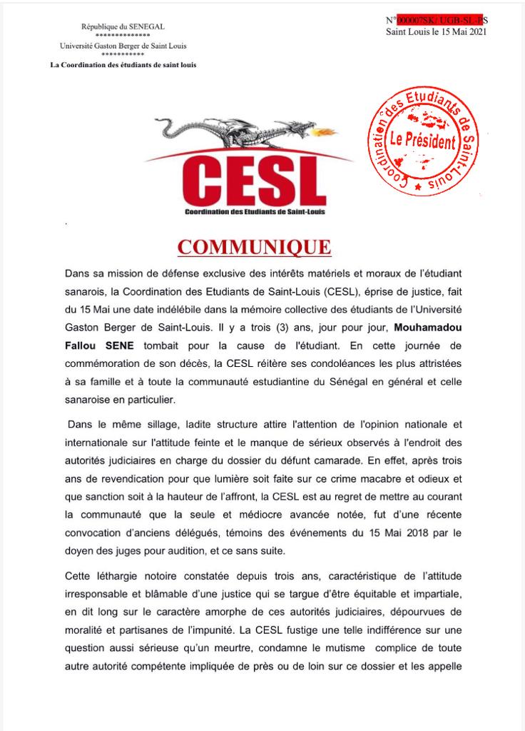 Trois ans après la mort de l'étudiant Fallou SÈNE : la CESL réclame toujours justice