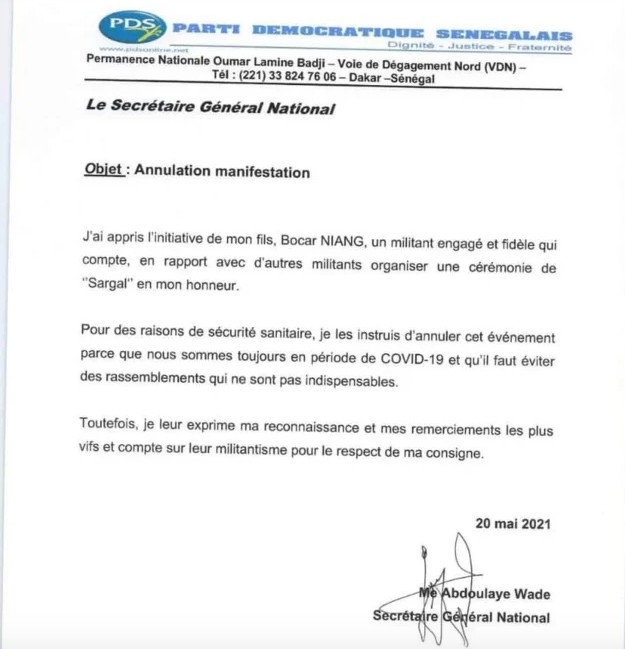 PDS: Abdoulaye Wade annule le “Sargal” prévu en son honneur par les militants (Document) PDS: Abdoulaye Wade annule le “Sargal” prévu en son honneur par les militants (Document)