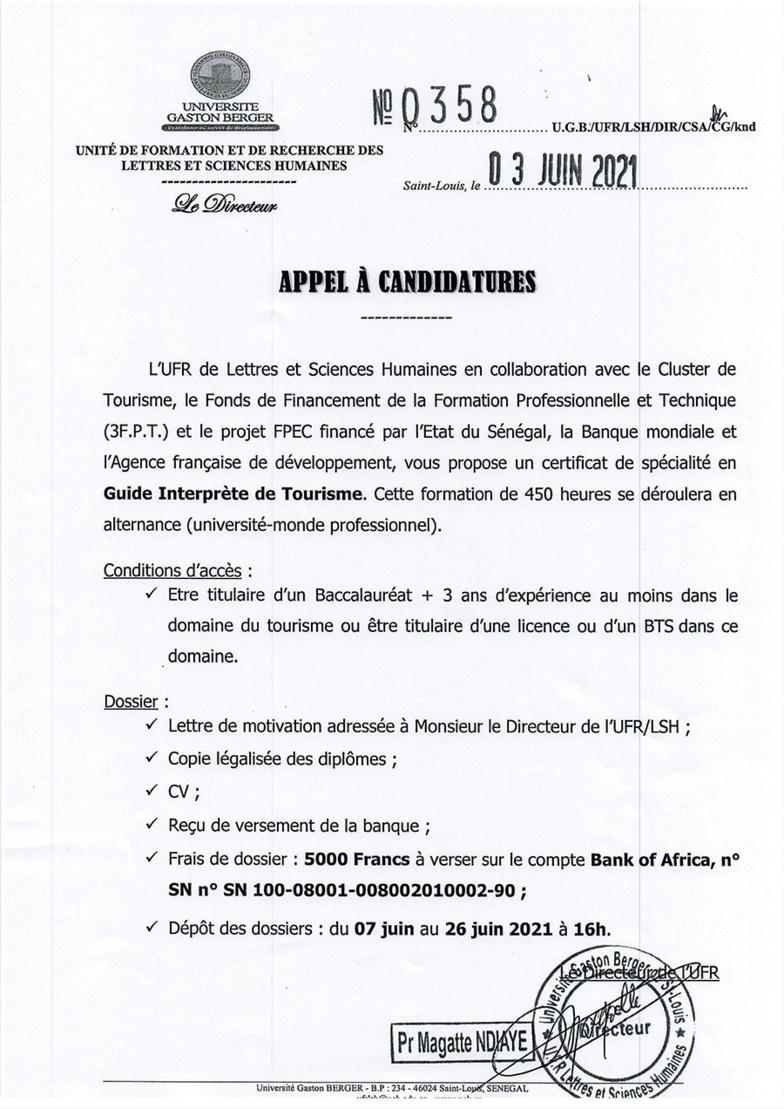 Appels à candidatures des certificats du Cluster de Tourisme de l'UFR LSH Appels à candidatures des certificats du Cluster de Tourisme de l'UFR LSH
