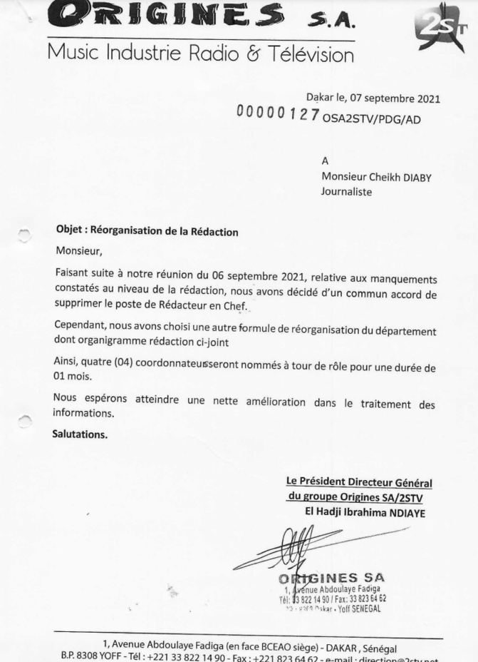 2STV (Document): Le poste de Rédacteur en chef supprimé, Cheikh Diaby claque (encore) la porte 2STV (Document): Le poste de Rédacteur en chef supprimé, Cheikh Diaby claque (encore) la porte