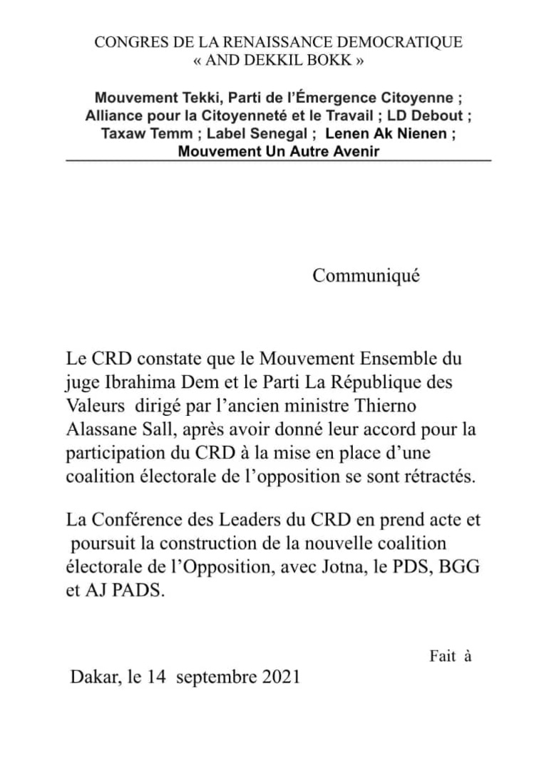 Juge Dème et TAS sortis coalition du Pds : Le CRD prend acte et continue le compagnonnage Juge Dème et TAS sortis coalition du Pds : Le CRD prend acte et continue le compagnonnage