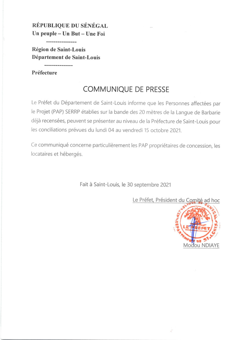 Langue de Barbarie : Les impactés du SERRP invités à se présenter à la préfecture (communiqué) Langue de Barbarie : Les impactés du SERRP invités à se présenter à la préfecture (communiqué)
